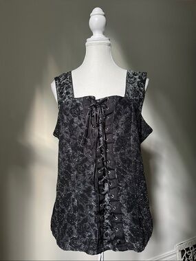 DIGITAL PLUS Vintage Black Metallic Floral Whimsigoth Renfair Goth Corset Top 3X